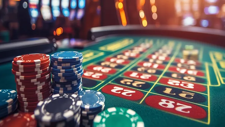 A vibrant roulette wheel with betting chips on the layout